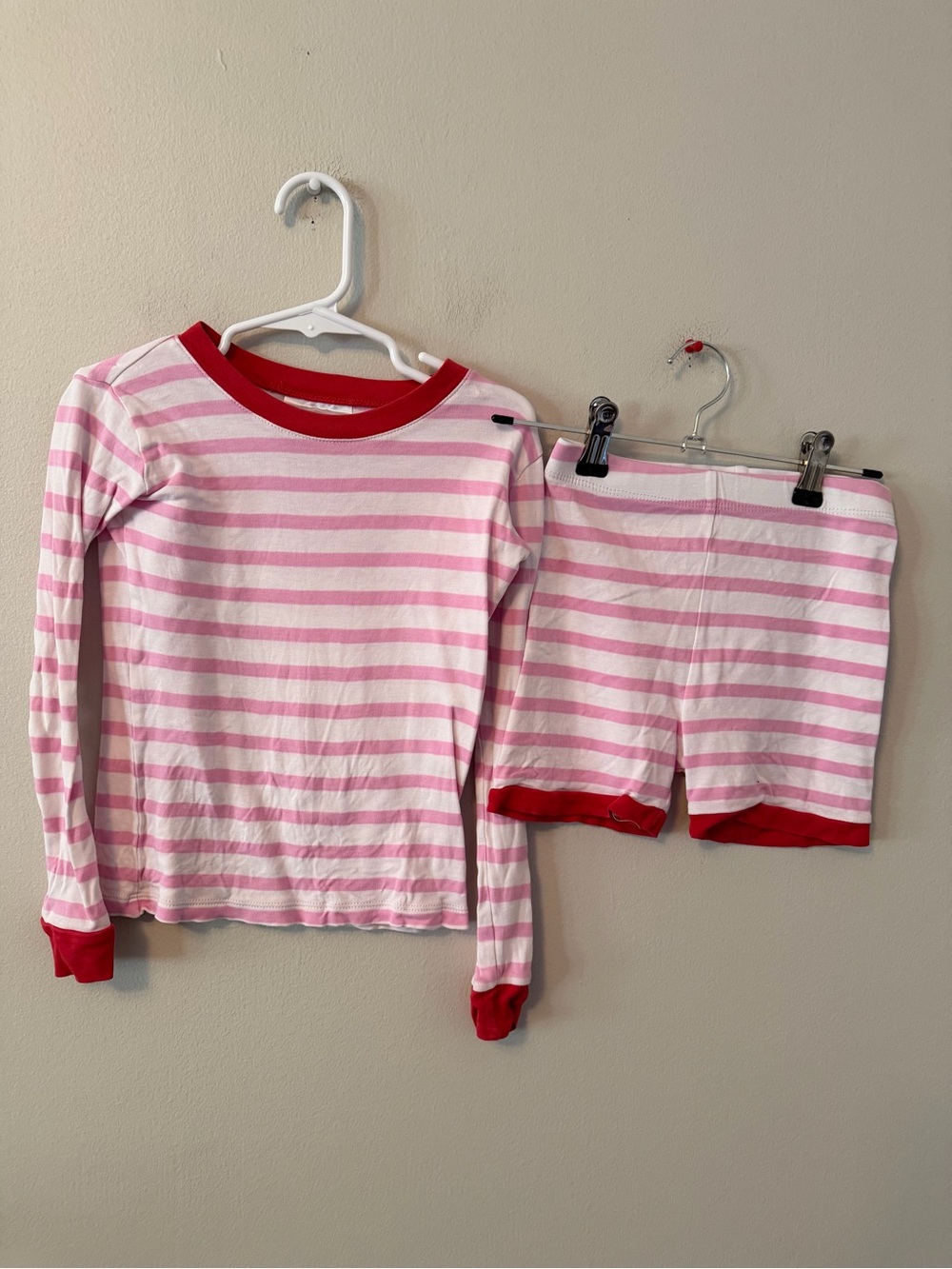 Lake Pink & White Stripe Kids Pajama Set with Red Trim
